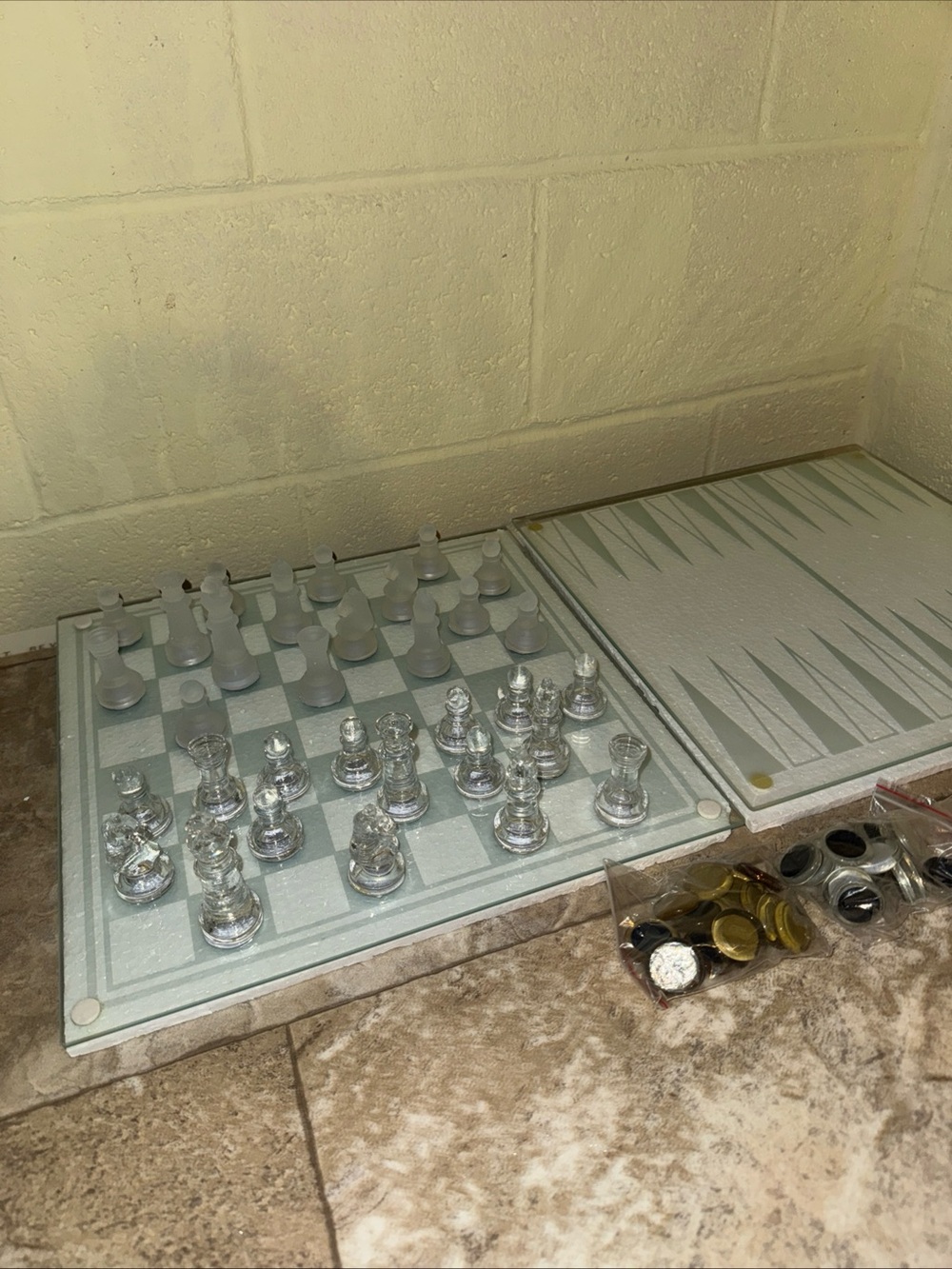 Glass Chess and Backgammon Set - Silver and Frosted